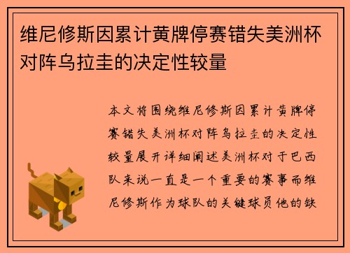 维尼修斯因累计黄牌停赛错失美洲杯对阵乌拉圭的决定性较量